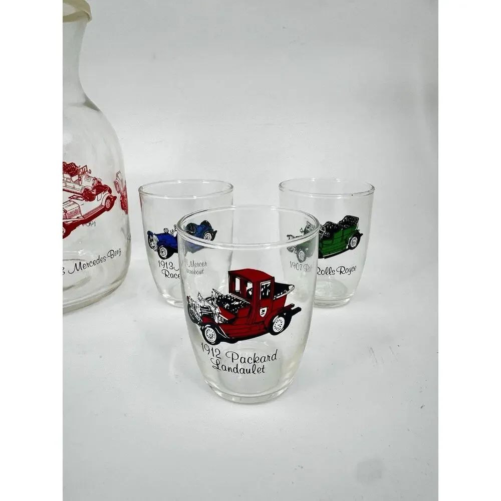Northwestern Bottle Co Classic Car Carafe and 6 Juice Glass Set Vintage in Box